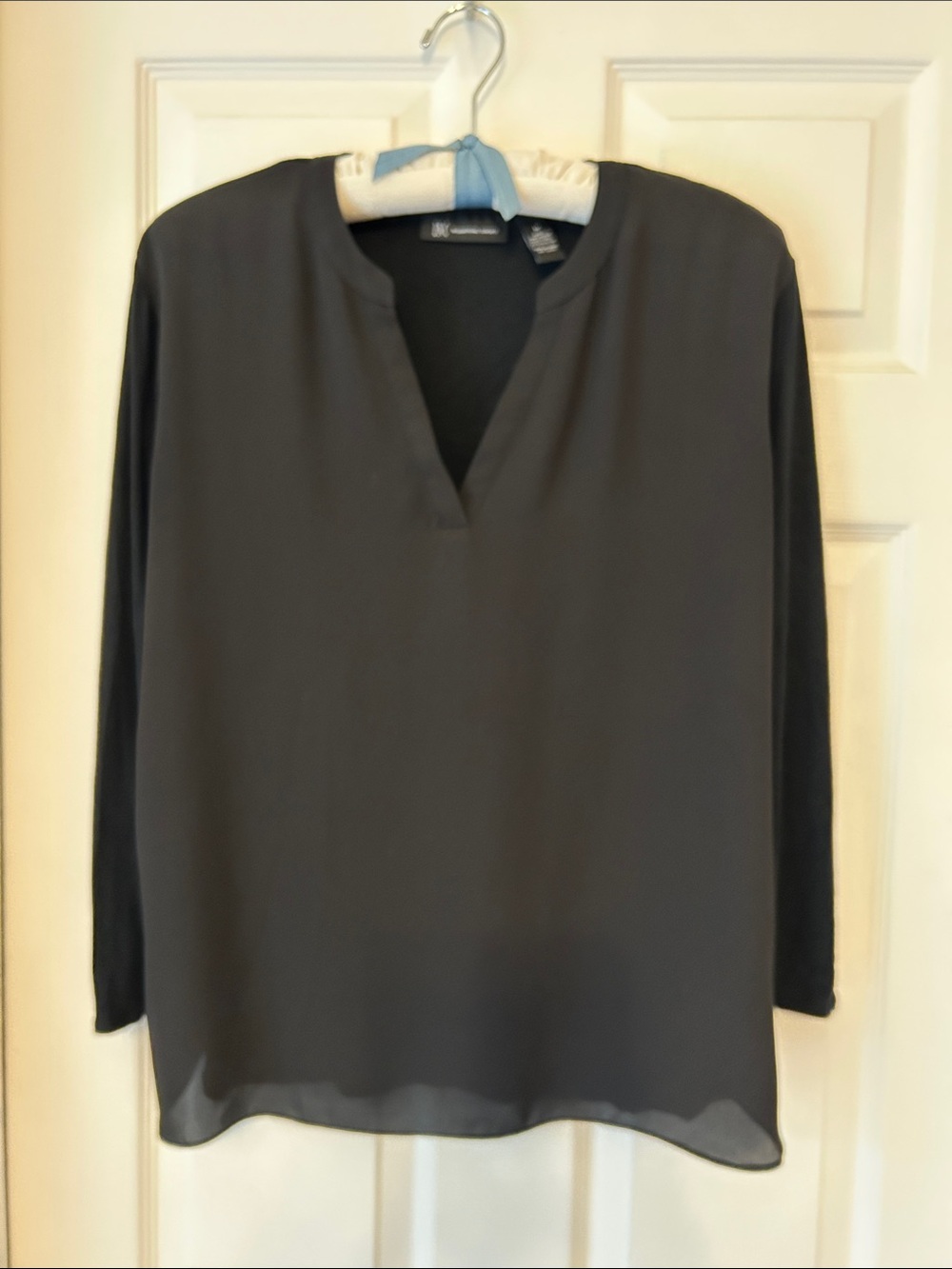 INC International Concepts Black Split V-Neck Long Sleeve Blouse